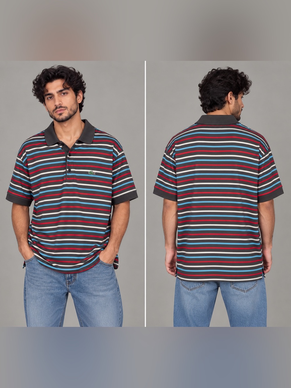 XXL Lacoste Gray Polo with Red, Blue and White Stripes